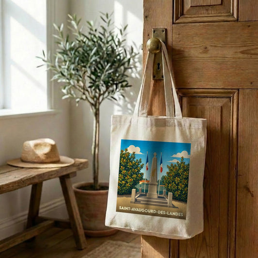Tote bag souvenir de la ville de Saint-Avaugourd-des-Landes avec une illustration stylisée d'un monument historique.