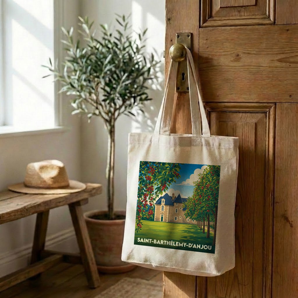 Tote bag souvenir de Saint-Barthélemy-d'Anjou orné d'une illustration stylisée d'un manoir et de vergers.