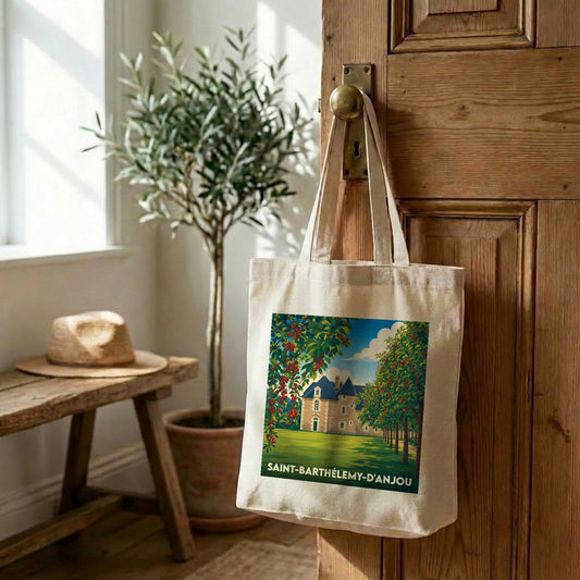 Tote bag souvenir de Saint-Barthélemy-d'Anjou orné d'une illustration stylisée d'un manoir et de vergers.