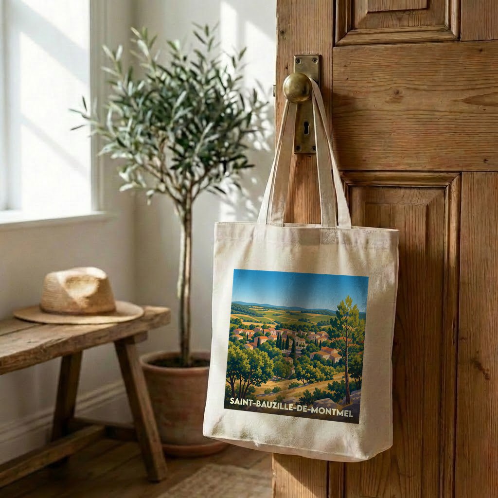 Tote bag souvenir de la ville de Saint-Bauzille-de-Montmel avec une illustration de paysage stylisée.