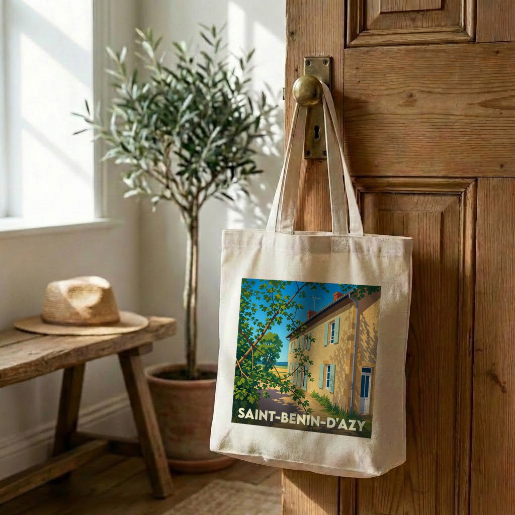 Tote bag souvenir de la ville de Saint-Benin-d'Azy avec une illustration stylisée d'une maison ensoleillée.