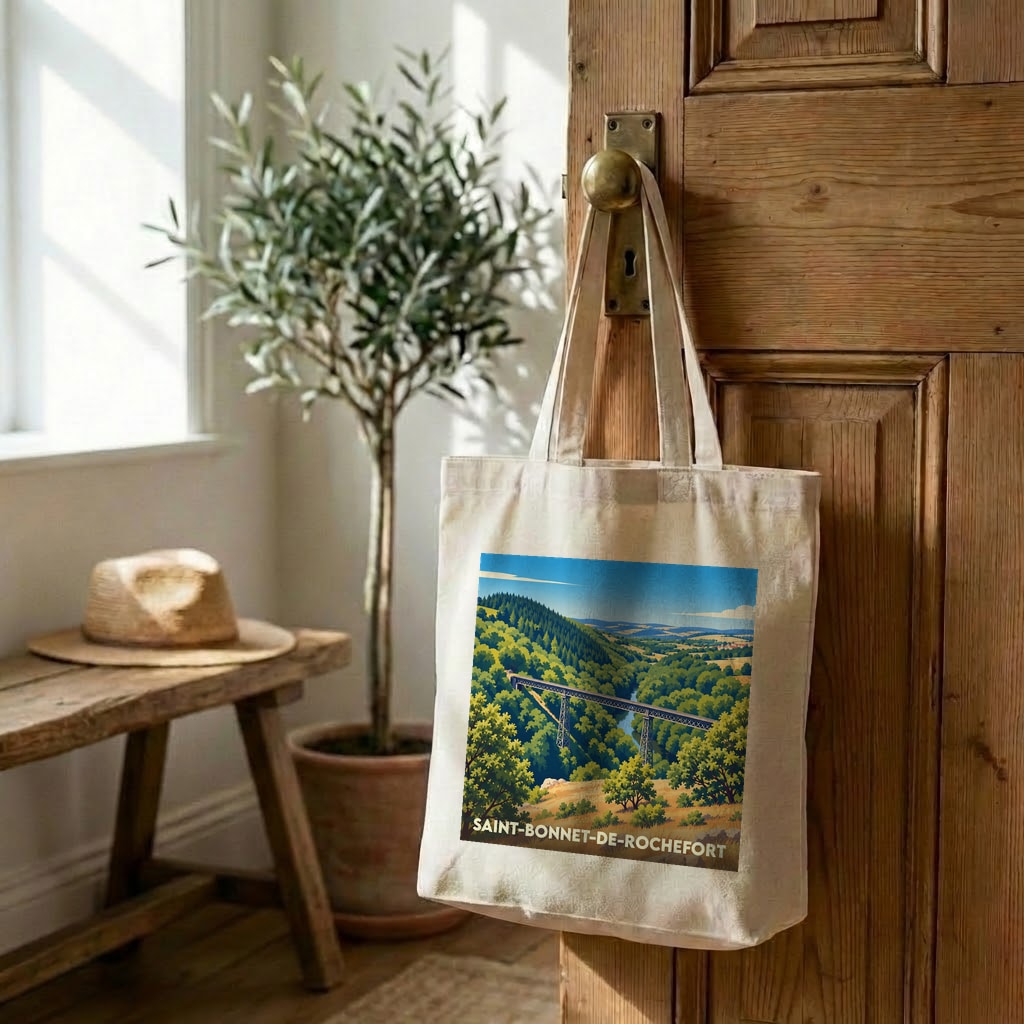 Tote bag souvenir de la ville de Saint-Bonnet-de-Rochefort avec une illustration stylisée de son viaduc.