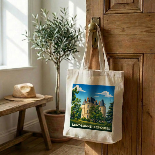 Tote bag souvenir de la ville de Saint-Bonnet-les-Oules avec une illustration de château.