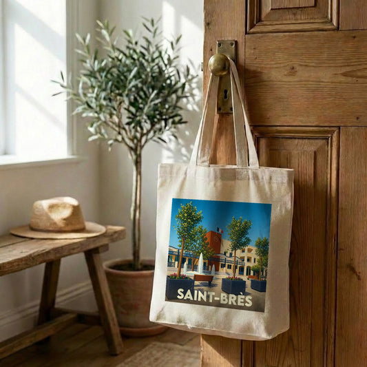 Sac cabas souvenir de la ville de Saint-Brès avec une illustration stylisée.