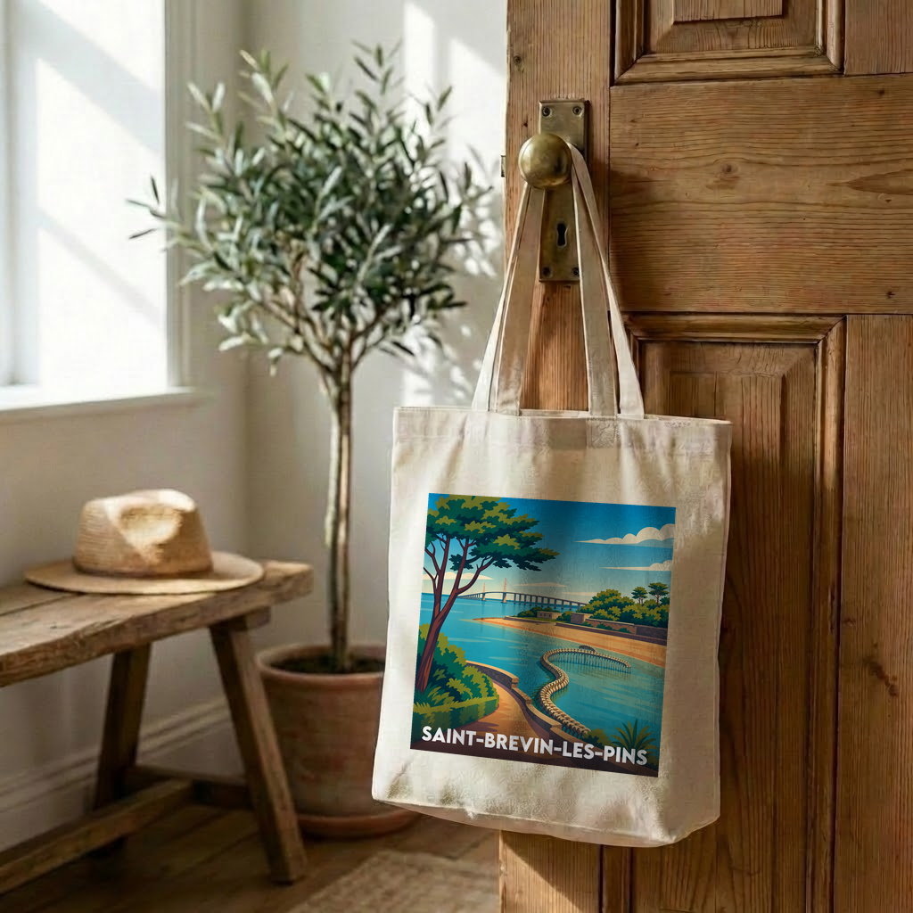 Tote bag souvenir de la ville de Saint-Brevin-les-Pins avec une illustration stylisée.