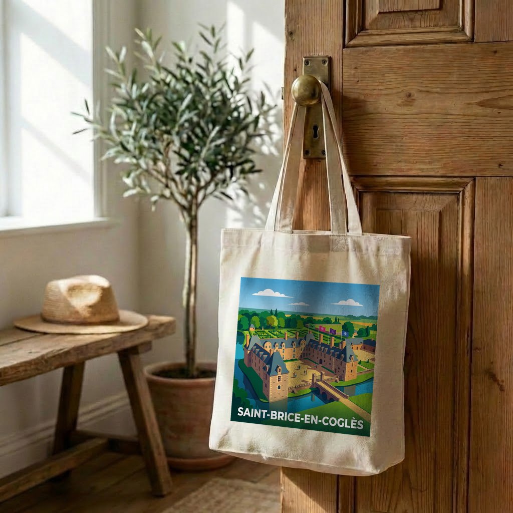 Tote bag souvenir de la ville de Saint-Brice-en-Coglès avec une illustration stylisée.