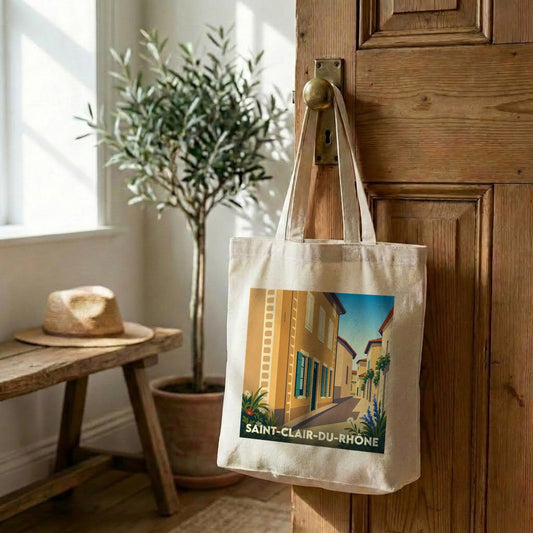 Tote bag souvenir de la ville de Saint-Clair-du-Rhône avec une illustration stylisée.