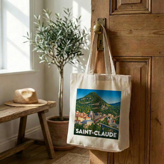 Tote bag souvenir de la ville de Saint-Claude avec une illustration stylisée de ses paysages et montagnes.