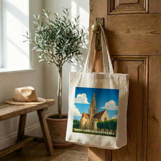Tote bag souvenir de la ville de Saint-Crépin-Ibouvillers avec une illustration stylisée.