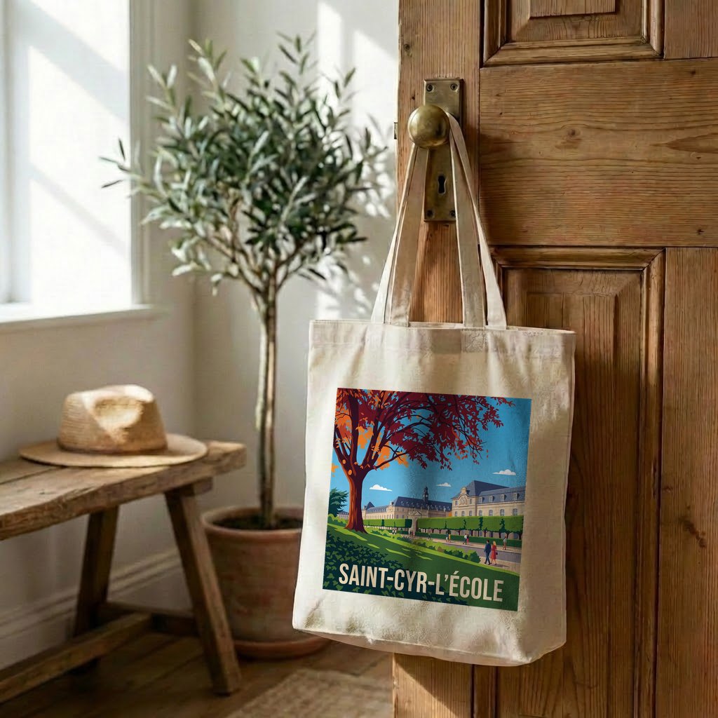 Tote bag souvenir de la ville de Saint-Cyr-l'École avec une illustration stylisée.