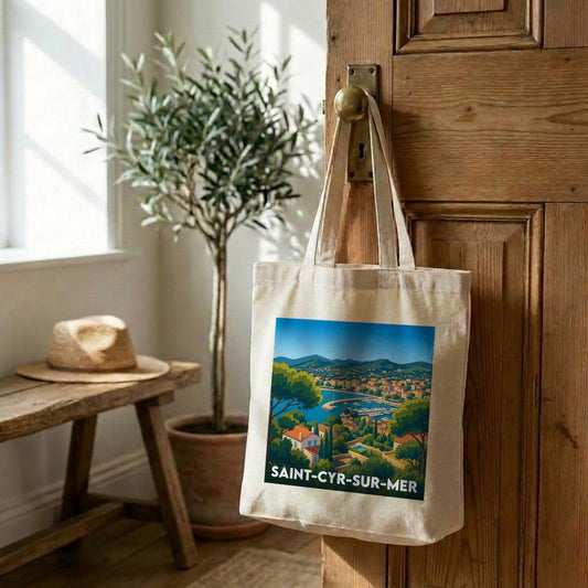 Tote bag souvenir de la ville de Saint-Cyr-sur-Mer avec une illustration stylisée de sa côte.