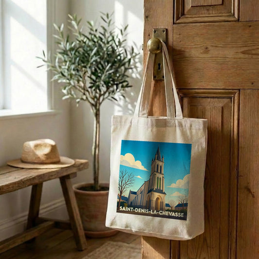 Tote bag souvenir de la ville de Saint-Denis-la-Chevasse avec une illustration stylisée de son église.