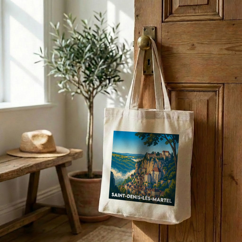 Tote bag souvenir de la ville de Saint-Denis-lès-Martel avec une illustration stylisée.