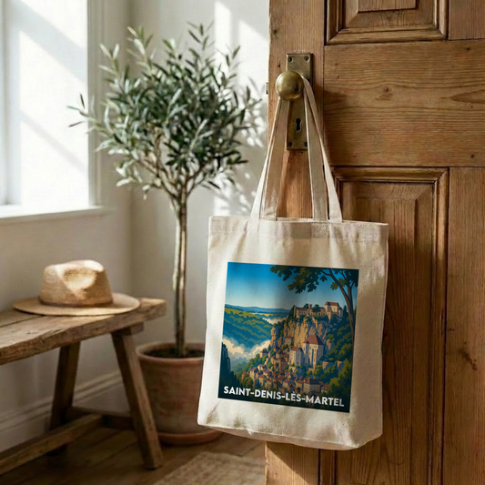 Tote bag souvenir de la ville de Saint-Denis-lès-Martel avec une illustration stylisée.