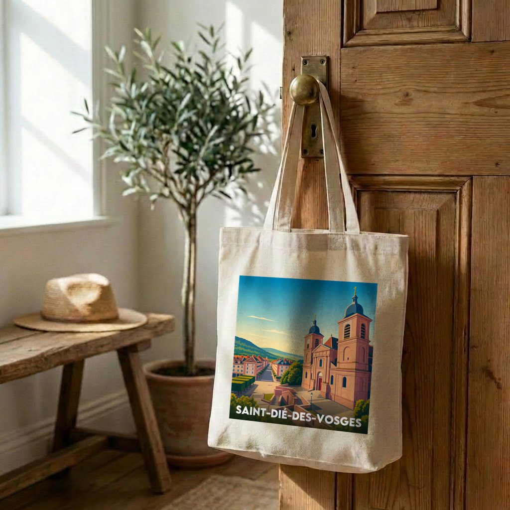 Tote bag souvenir de la ville de Saint-Dié-des-Vosges avec une illustration stylisée.