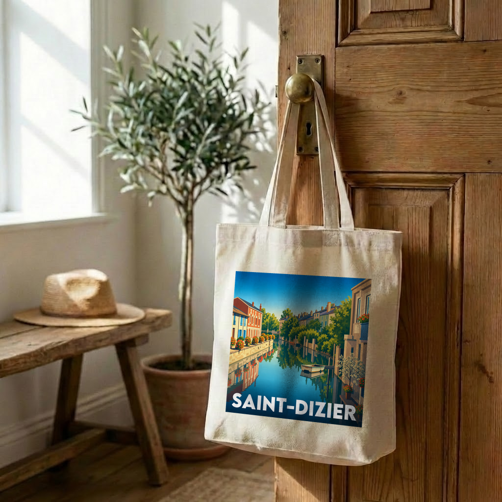 Tote bag souvenir de la ville de Saint-Dizier avec une illustration stylisée d'un canal.