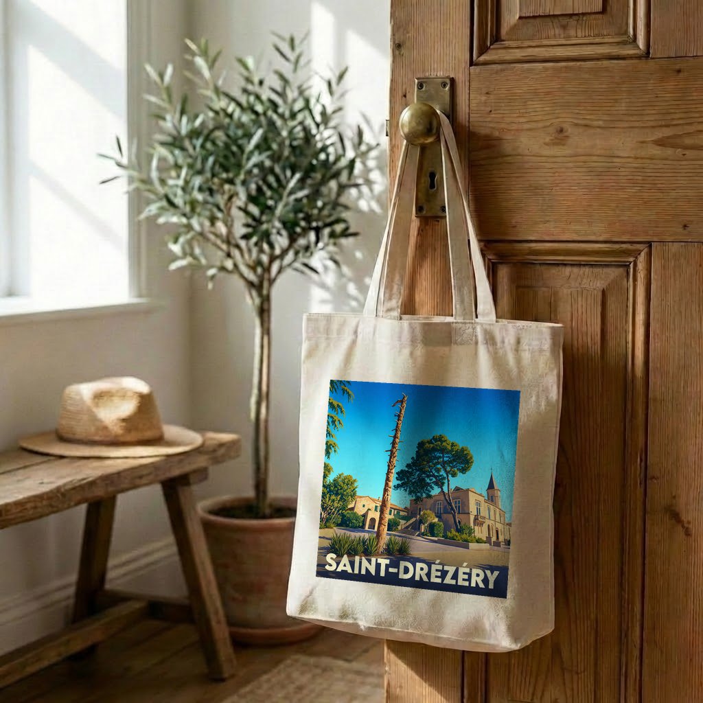 Tote bag souvenir de la ville de Saint-Drézéry avec une illustration stylisée.