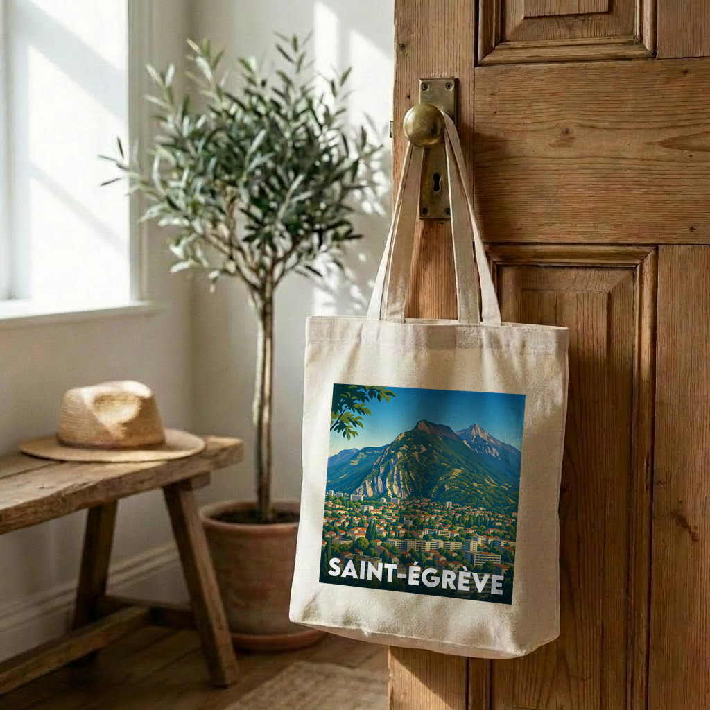 Tote bag souvenir de la ville de Saint-Égrève avec une illustration stylisée de montagne.