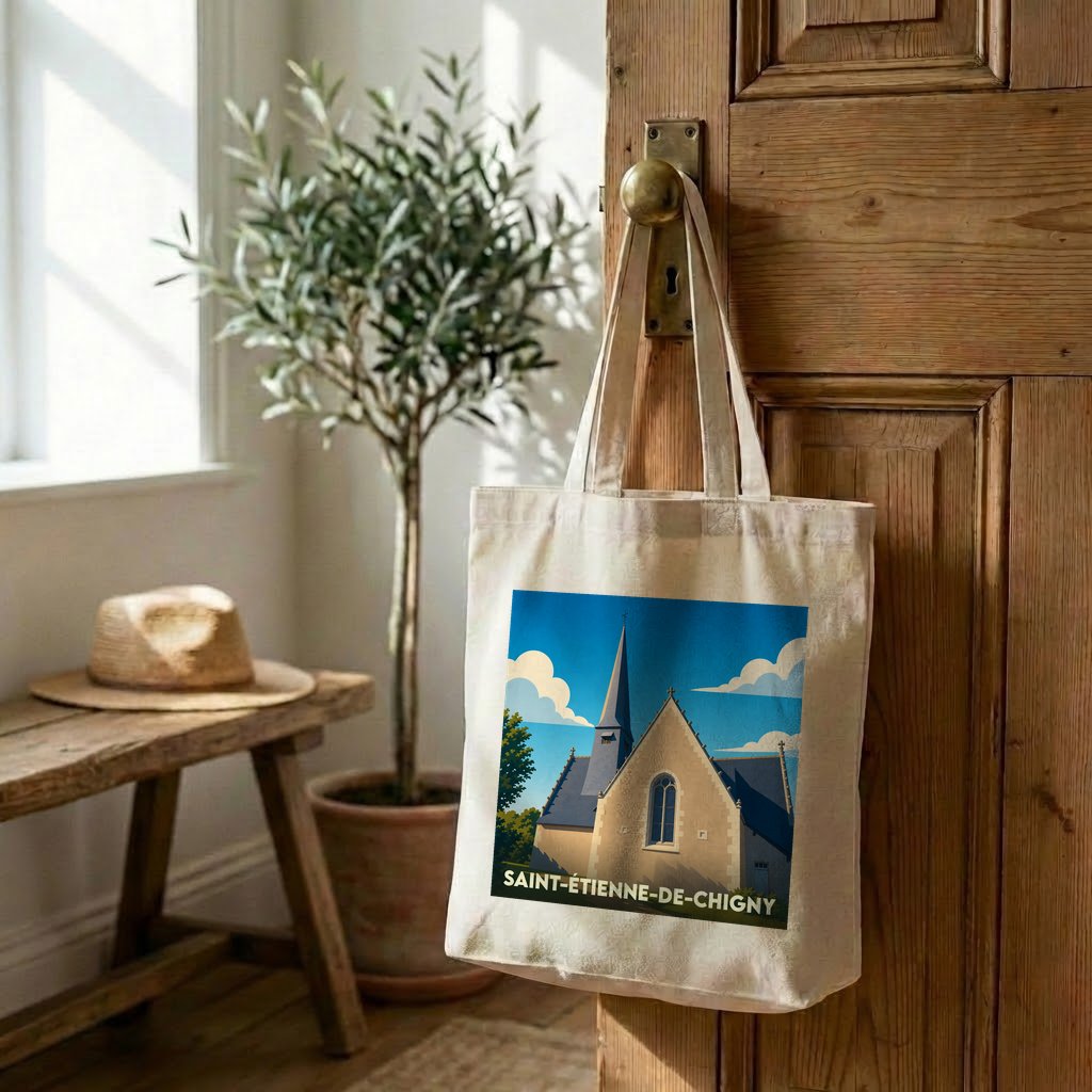 Tote bag souvenir de la ville de Saint-Étienne-de-Chigny avec une illustration stylisée de son église.