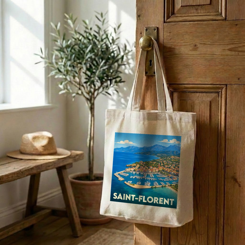 Tote bag souvenir de la ville de Saint-Florent avec une illustration stylisée de son port.