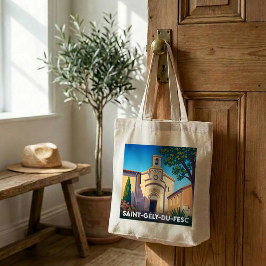 Tote bag souvenir de la ville de Saint-Gély-du-Fesc avec une illustration stylisée d'une église locale.