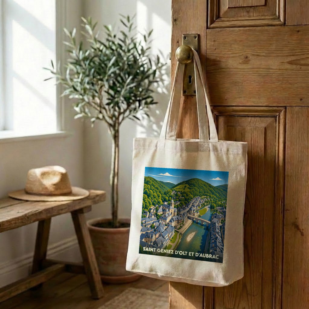 Tote bag souvenir de la ville de Saint-Geniez-d'Olt et d'Aubrac avec une illustration stylisée.