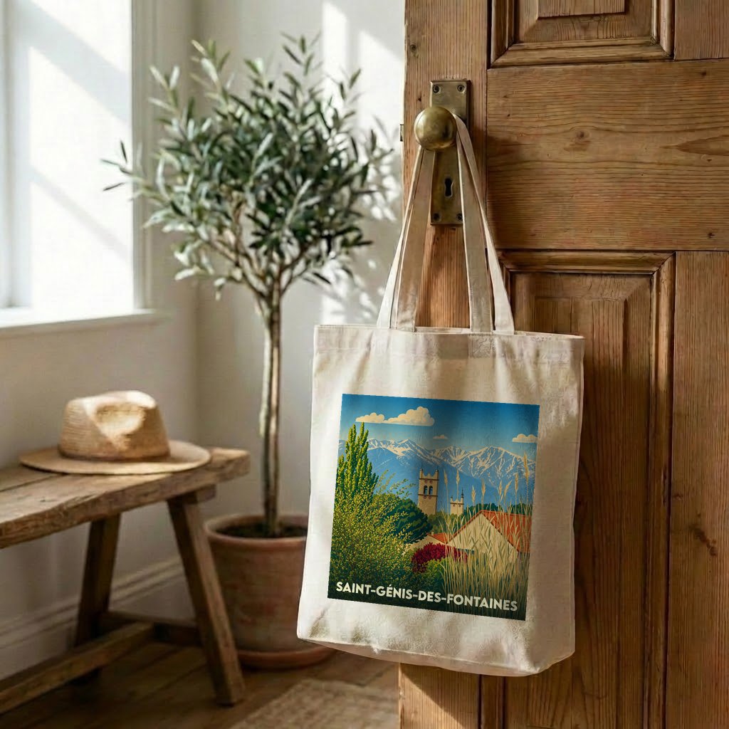Tote bag souvenir de la ville de Saint-Génis-des-Fontaines avec une illustration stylisée de paysages montagneux.