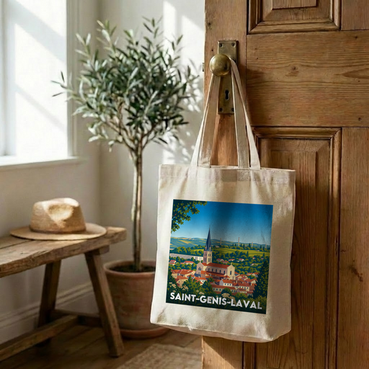 Tote bag souvenir de la ville de Saint-Genis-Laval avec une illustration stylisée.