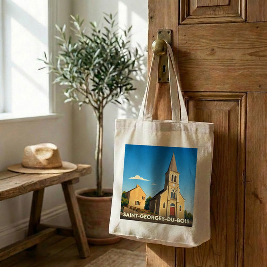 Sac fourre-tout souvenir de la ville de Saint-Georges-du-Bois avec une illustration stylisée de son église.