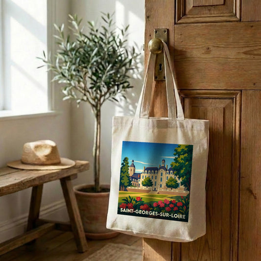 Tote bag souvenir de la ville de Saint-Georges-sur-Loire avec une illustration stylisée.