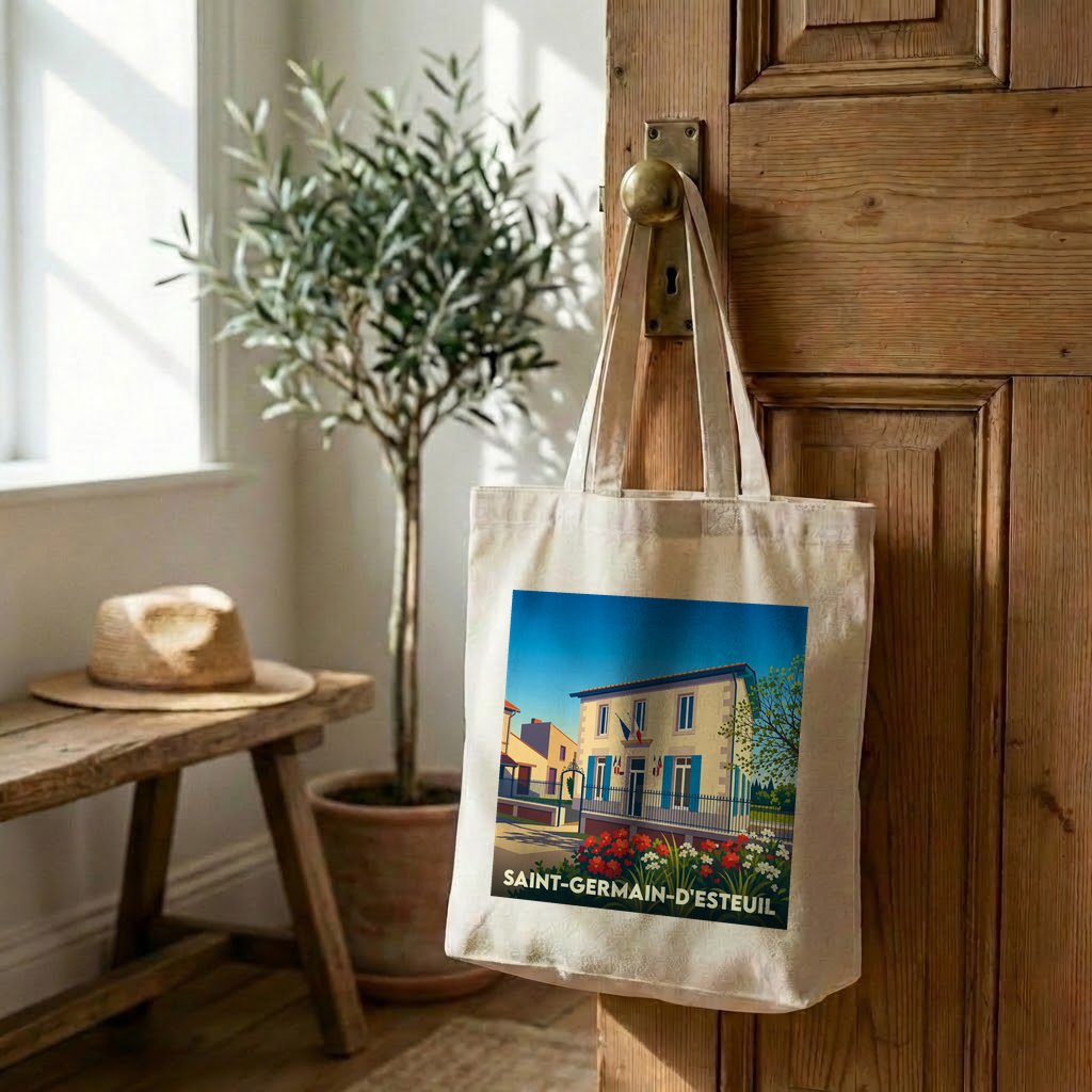 Tote bag souvenir de la ville de Saint-Germain-d'Esteuil avec une illustration stylisée d'une maison de village fleurie.