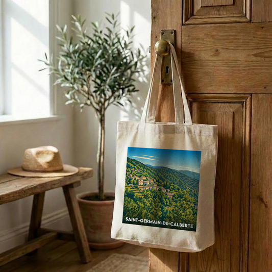 Tote bag souvenir de la ville de Saint-Germain-de-Calberte avec une illustration stylisée.