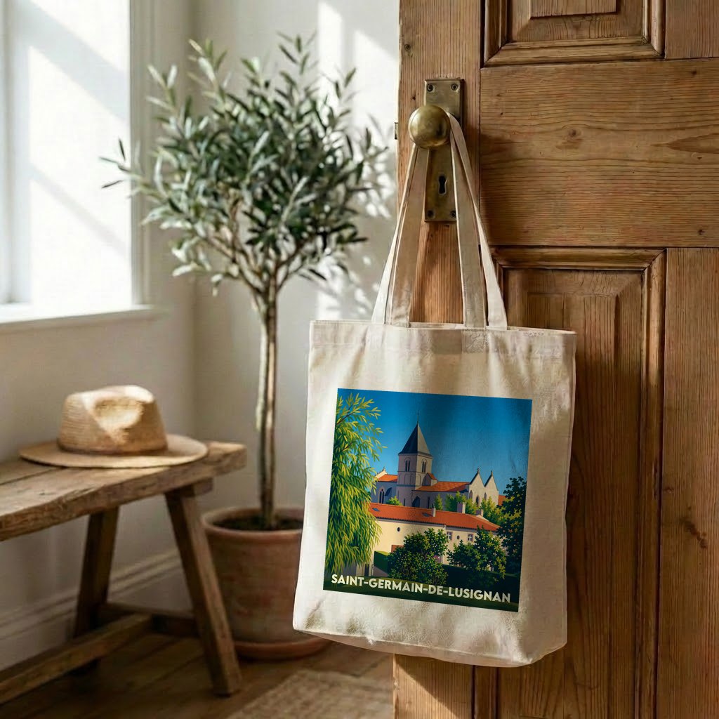 Tote bag souvenir de la ville de Saint-Germain-de-Lusignan avec une illustration stylisée de son église.