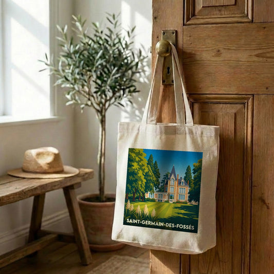 Tote bag souvenir de la ville de Saint-Germain-des-Fossés avec une illustration stylisée.