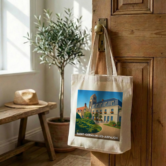 Tote bag souvenir de la ville de Saint-Germain-lès-Arpajon avec une illustration stylisée.