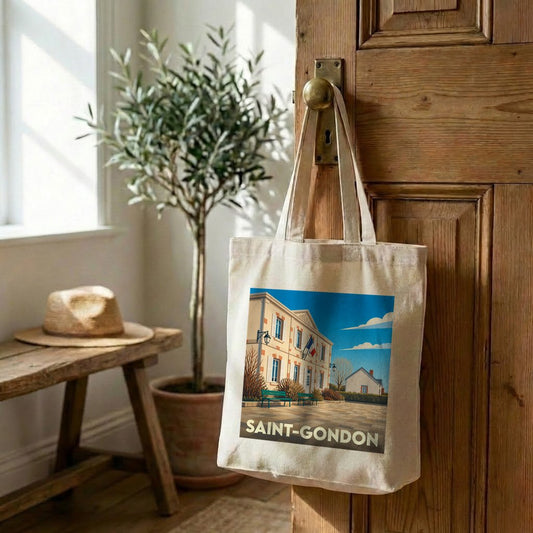 Tote bag souvenir de la ville de Saint-Gondon avec une illustration stylisée.