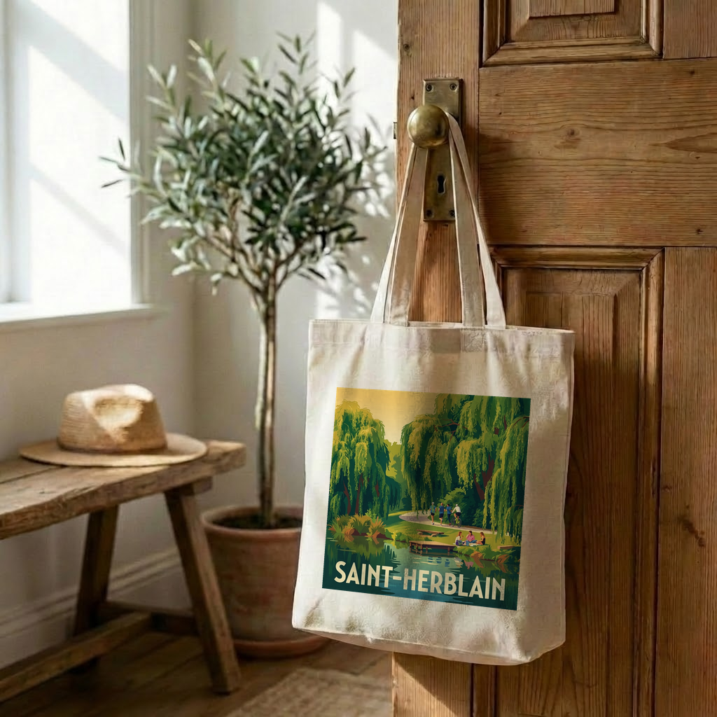 Tote bag souvenir de la ville de Saint-Herblain avec une illustration stylisée.