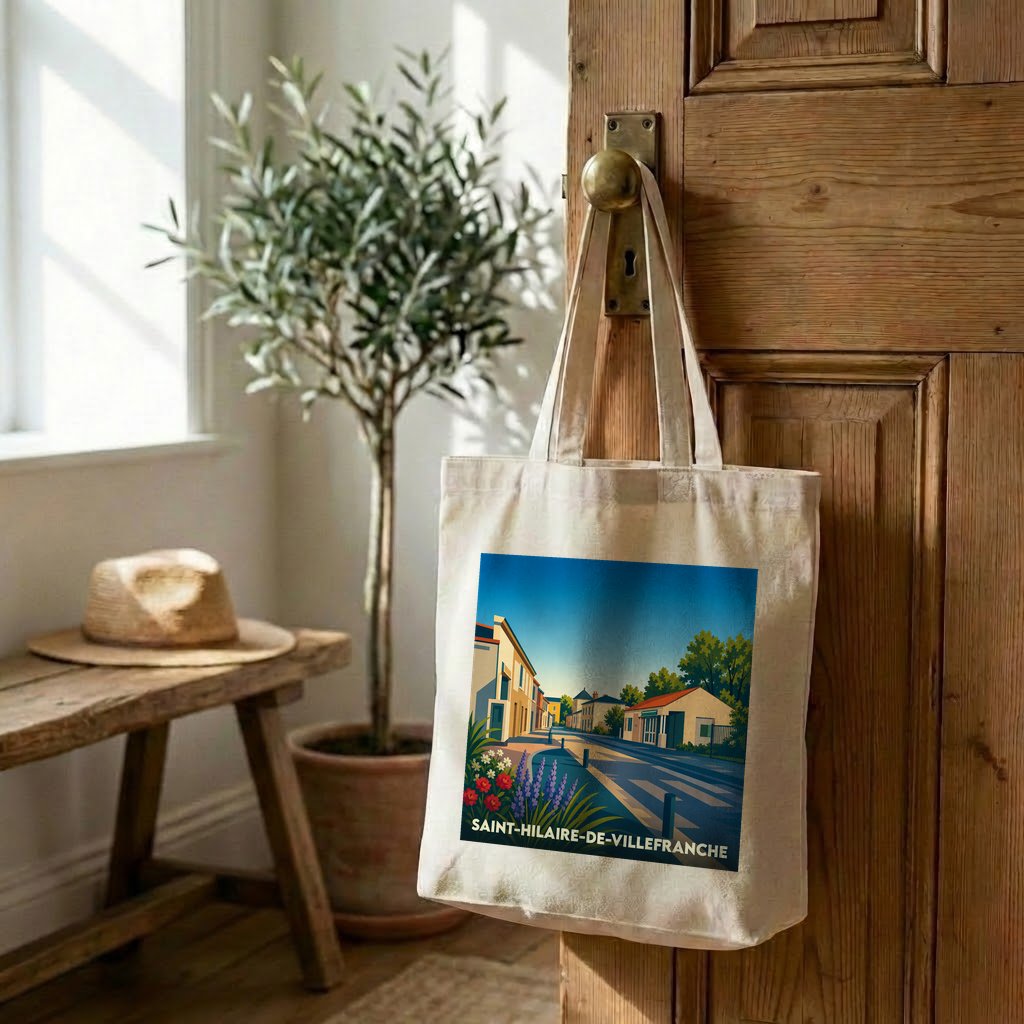 Tote bag souvenir de la ville de Saint-Hilaire-de-Villefranche avec une illustration stylisée.