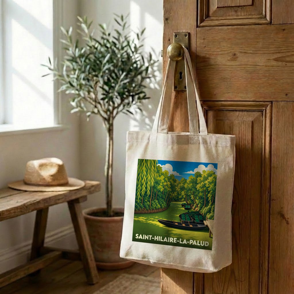 Tote bag souvenir de la ville de Saint-Hilaire-la-Palud avec une illustration stylisée d'une barque dans le Marais poitevin.