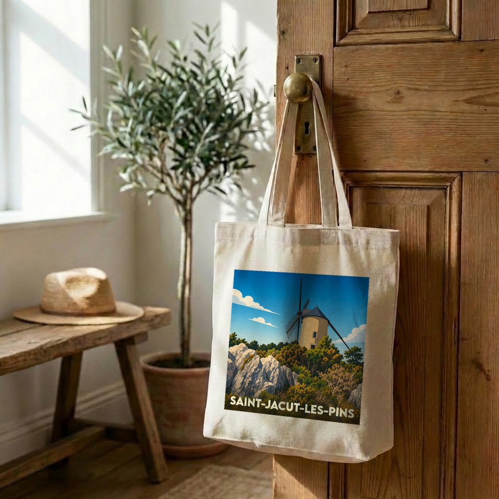 Tote bag souvenir de la ville de Saint-Jacut-les-Pins illustré d'un moulin stylisé.