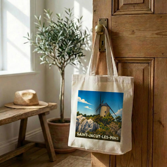 Tote bag souvenir de la ville de Saint-Jacut-les-Pins illustré d'un moulin stylisé.