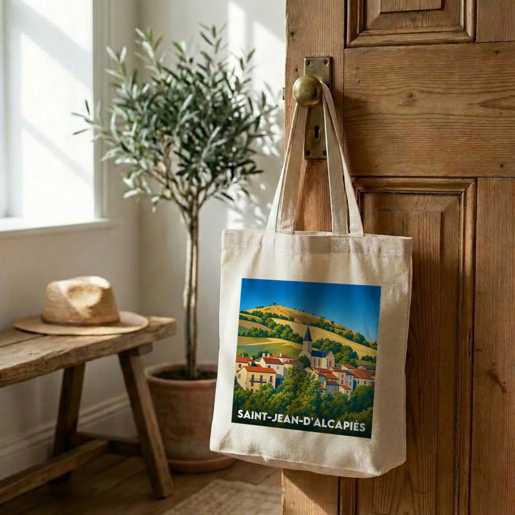 Tote bag souvenir de la ville de Saint-Jean-d'Alcapiès avec une illustration stylisée.