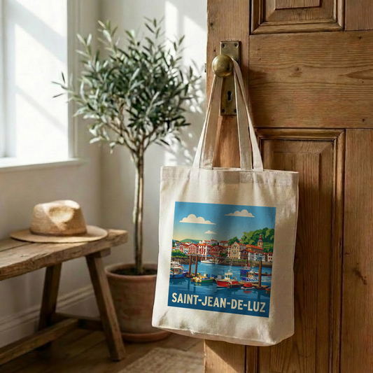 Tote bag souvenir de la ville de Saint-Jean-de-Luz avec une illustration stylisée du port.