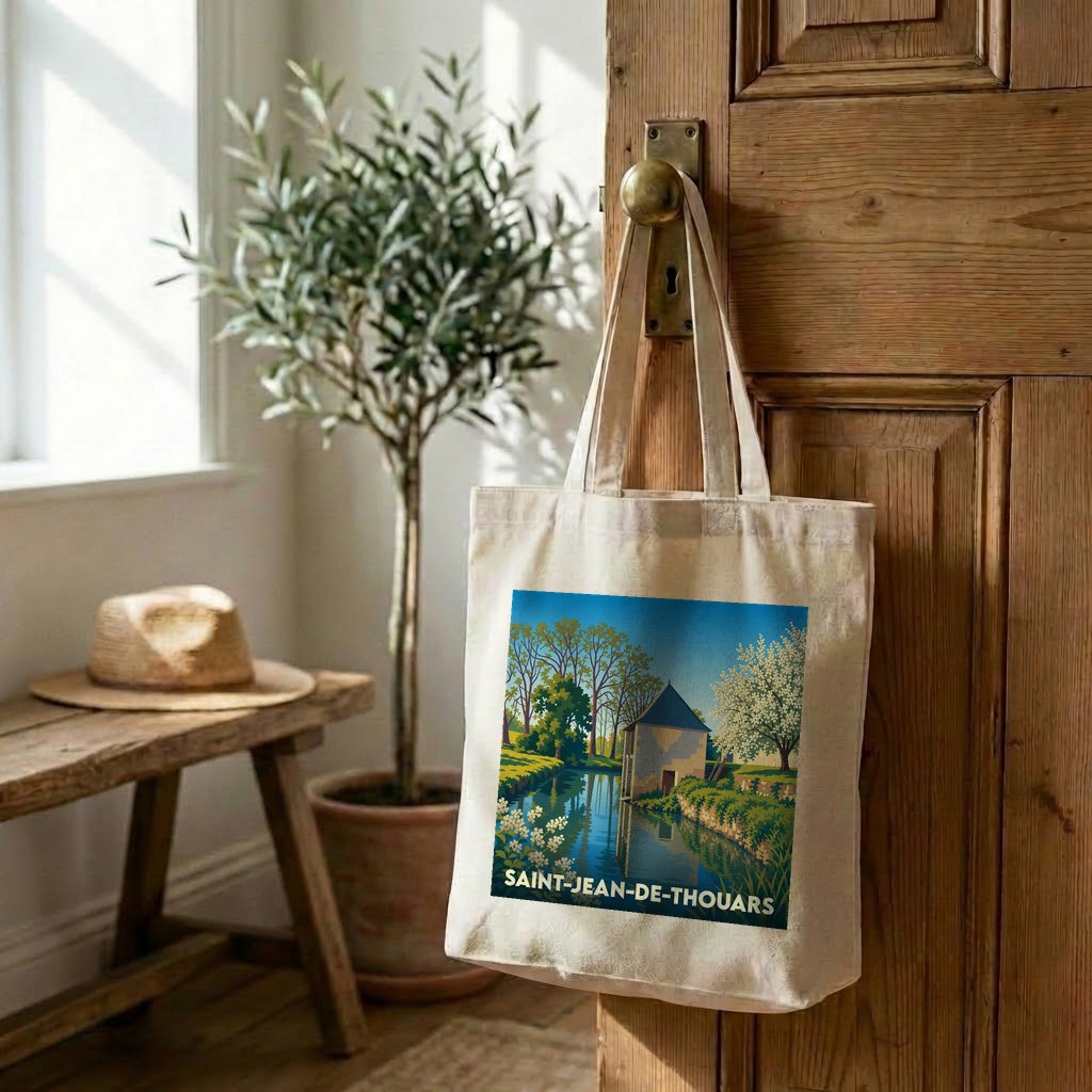 Tote bag souvenir de la ville de Saint-Jean-de-Thouars avec une illustration stylisée d'un paysage fluvial.