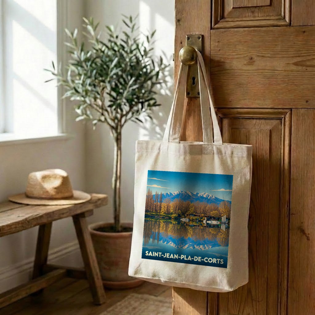 Tote bag souvenir de la ville de Saint-Jean-Pla-de-Corts avec une illustration paysagère stylisée.