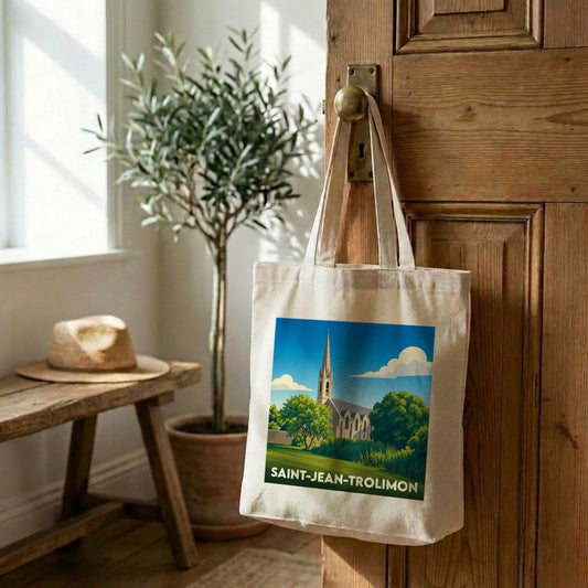Tote bag souvenir de la ville de Saint-Jean-Trolimon avec une illustration stylisée d'une église.