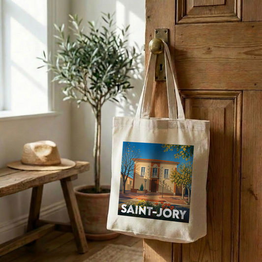 Tote bag souvenir de la ville de Saint-Jory avec une illustration stylisée.