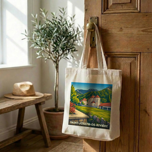 Tote bag souvenir de la ville de Saint-Joseph-de-Rivière avec une illustration stylisée.