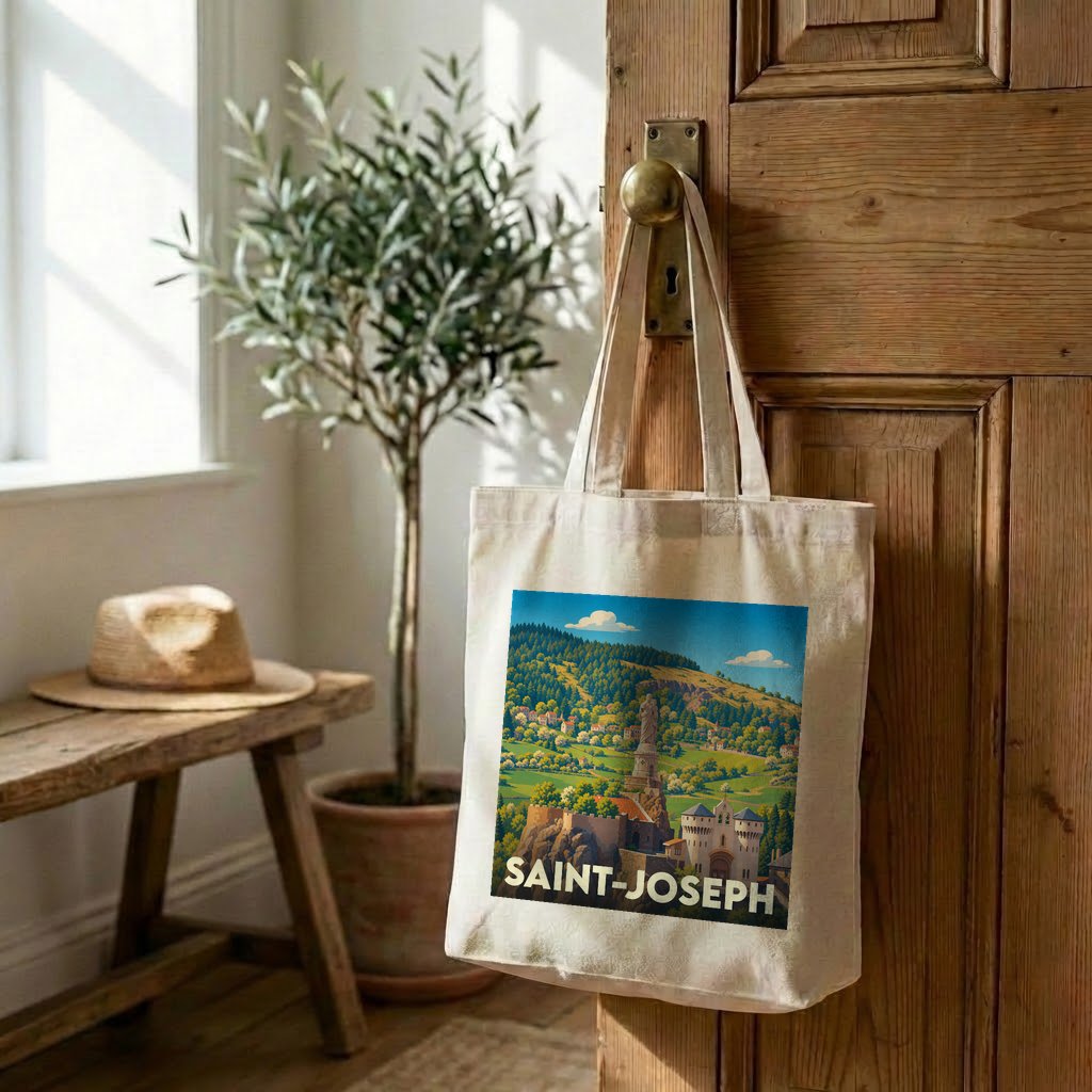 Tote bag souvenir de la ville de Saint-Joseph avec une illustration de paysage colorée.