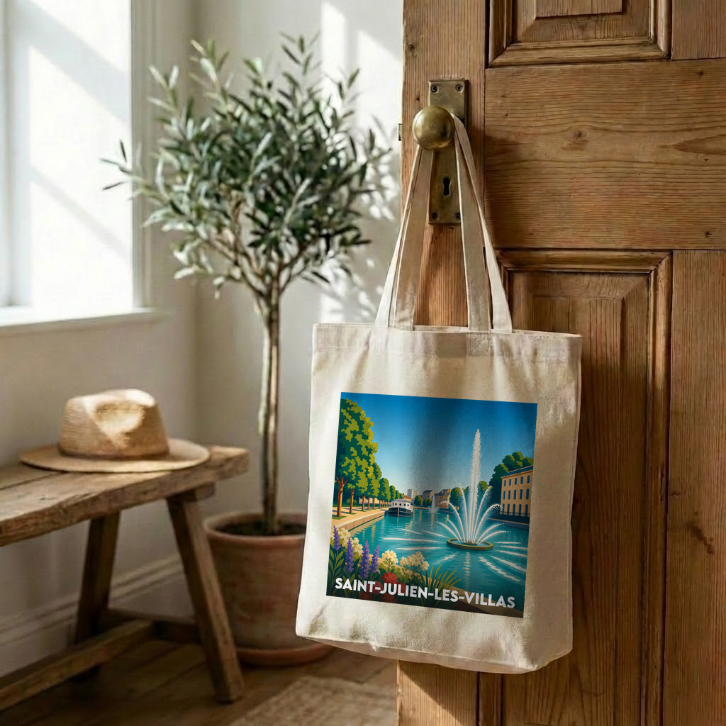 Tote bag souvenir de la ville de Saint-Julien-les-Villas avec une illustration stylisée d'un parc et d'une fontaine.